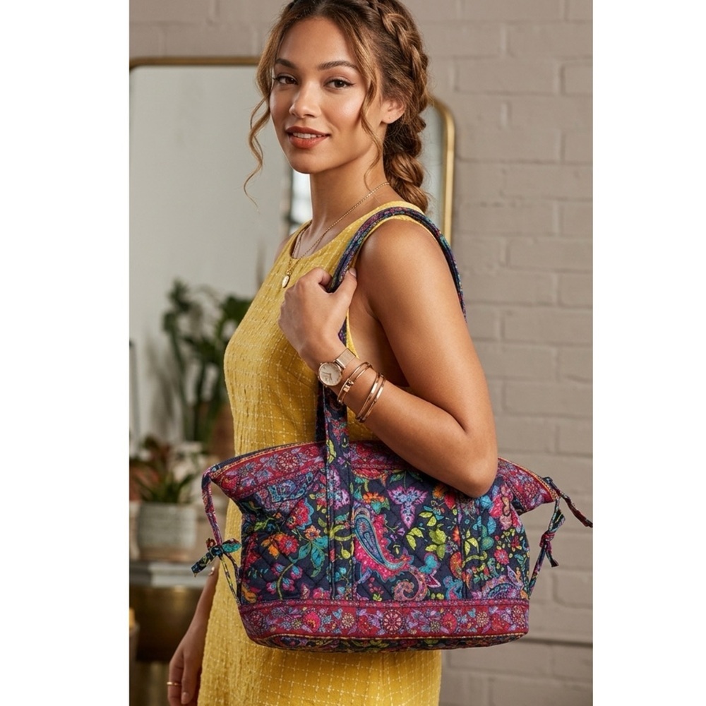 Stephanie Dawn Shoulder Bag Zippered Tote Plum Floral Purse Preppy Boho 14x8x4”